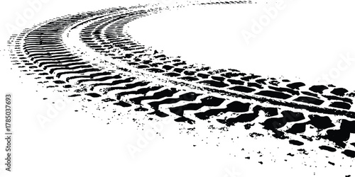 Black tire tracks isolated on white background. Black tire tracks on white, grunge texture, dirt splashes, vector background,