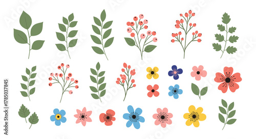 A collection of small floral and leaf elements in a variety of colors and shapes.