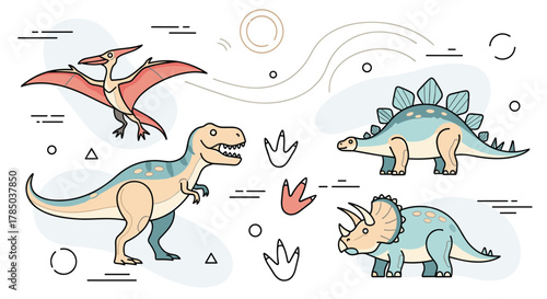An illustration of various cartoon dinosaurs from the prehistoric era.