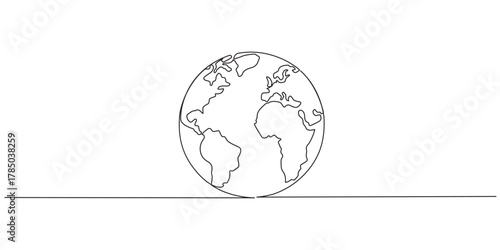 Globe. Earth globe one line drawing of world map minimalist vector illustration isolated on white background. Continuous line drawing., Planet Earth Continuous Line Icon, Continuous one line art