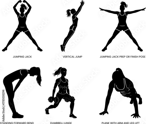 Fitness silhouette set featuring jumping jacks, dynamic jumps, lunges with dumbbells, forward bends, and core stability planks, ideal for cardio, strength, and flexibility training visuals.