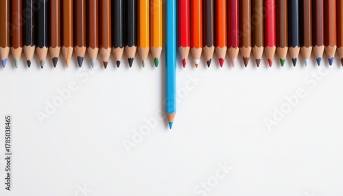 Colorful Collection of Pencils with a Single Blue Pencil Standing Out on a White Background