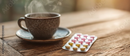 Cup of hot tea and blister pack of pills on wooden table