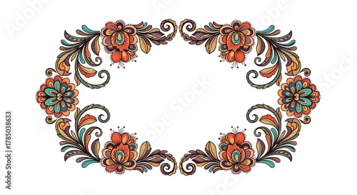A floral embroidery pattern featuring rustic autumnal colors and intricate swirls for decorative projects.