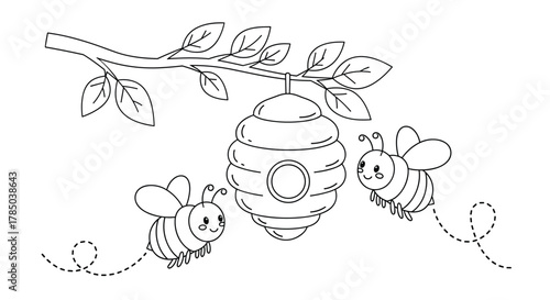 A charming illustration of a beehive hanging from a branch with two busy bees flying around it.