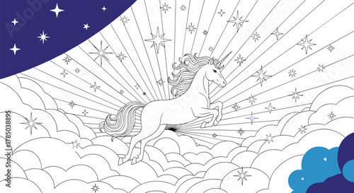 A vibrant and magical explosion of stardust and clouds encircles a whimsical unicorn.