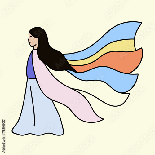 Person with long flowing hair and colorful ribbons against a pale yellow background