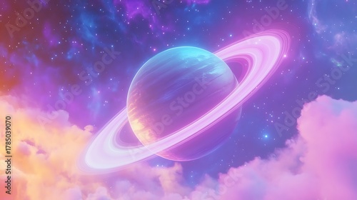 Vibrant cosmic nebula surrounds a glowing ringed planet in a dreamlike fantasy space landscape
