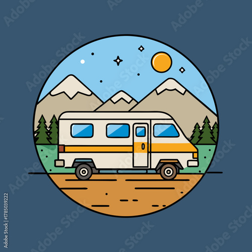 Vintage camper van adventure in a mountainous landscape