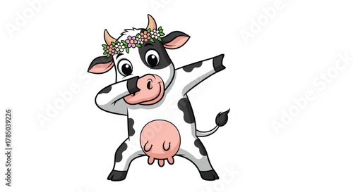 A cute cartoon cow doing the dab dance pose.