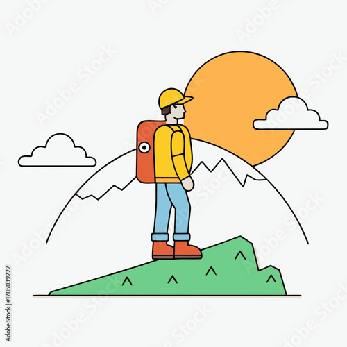 Adventurous hiker stands on green hilltop with mountains and sun