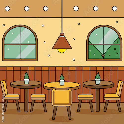 Cozy cafe interior with round tables chairs and arched windows