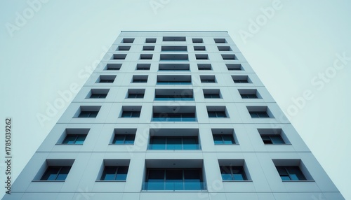 Modern Minimalist Architectural Building Design with Symmetrical Windows and Clean Facade Against Clear Sky