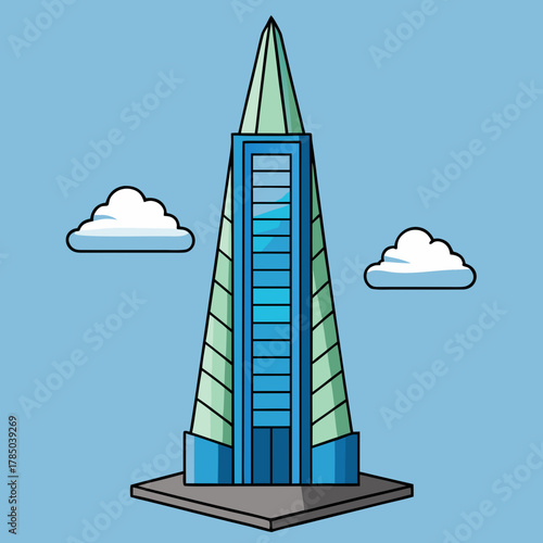 Modern skyscraper with blue glass facade and green accents under a cloudy sky