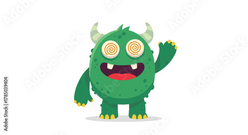 A friendly green monster with swirling eyes waving hello to the viewer on a white background.