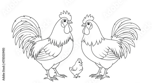 Two roosters and one chick standing together in a line with their backs towards the camera and their heads turned to the side.