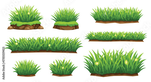 A collection of pixel art grass elements for game development.