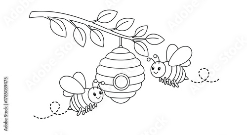 A whimsical illustration of two busy bees hovering near a hanging beehive on a leafy branch.