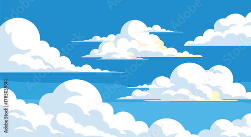 A bright blue sky filled with fluffy white clouds and sunlight peeking through.