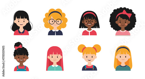 A diverse collection of young girls' avatars representing various ethnicities and styles.