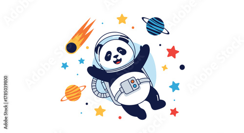 Cute panda astronaut floating in outer space surrounded by stars and planets.
