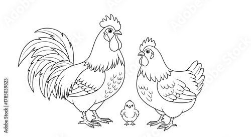 A beautiful rooster hen and chick family illustration showing farm life.