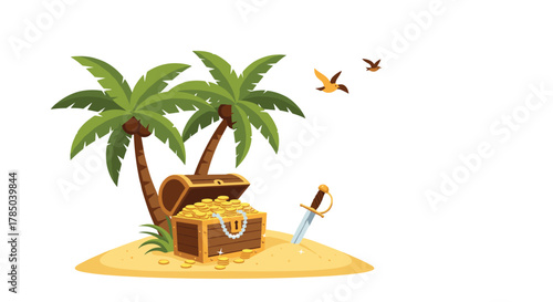 An open treasure chest filled with gold coins sits on a sandy island beneath palm trees with a sword stuck in the ground.