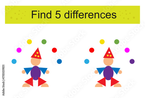 Find 5 differences. Logic puzzle game for children. Cartoon juggler.