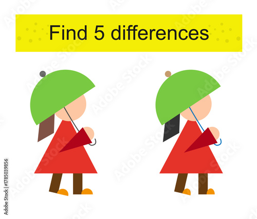 Find 5 differences. Preschool worksheet activity. Cartoon girl.