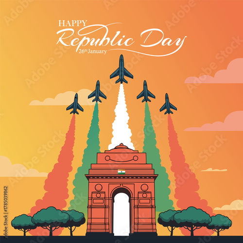 Indian republic Day celebrations with 26th January India 3d text and Ashoka Wheel, try color hand, man running with Indian flag, India gate. vector illustration design.