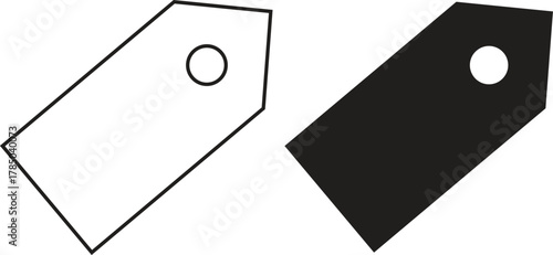 Two price tags, one white outline and the other filled in black, both with a hole.