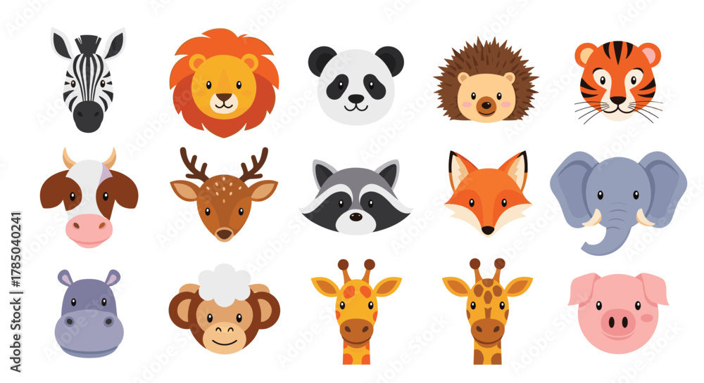 Naklejka premium A collection of cute pixelated animal faces including a zebra lion panda hedgehog tiger cow deer raccoon fox elephant hippopotamus monkey giraffe and pig.