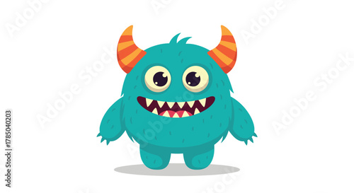 A cute fuzzy blue monster with orange striped horns smiles widely showing its sharp teeth.
