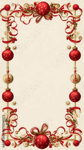 Elegant and festive Christmas border featuring red baubles, golden accents, and decorative ribbons.