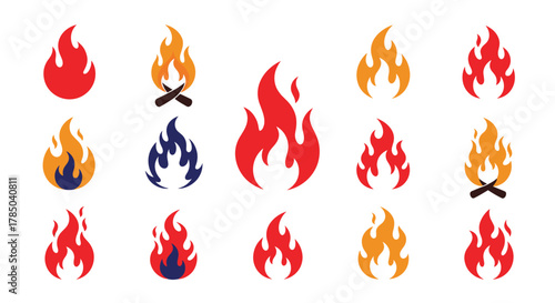 A collection of stylized fire icons in various colors and forms representing heat energy and warmth.