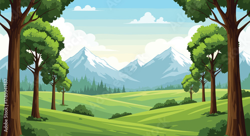 Pixel art landscape featuring rolling green hills and distant snow-capped mountains under a clear blue sky.