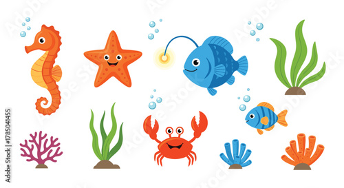 A collection of cute cartoon sea creatures and underwater plants in a vibrant ocean environment.