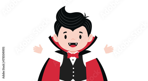 A cute little cartoon vampire boy with black hair and red cape is happily showing his fangs.