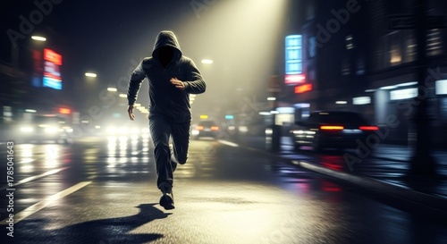 Man in hoodie running on wet street at night. Concept of crime, escape, criminal, fugitive, urban chase, fear, illegal activity.