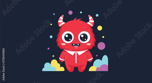 A cute fluffy red monster with big innocent eyes and small horns stands in front of a dark background surrounded by colorful dots and whimsical clouds.