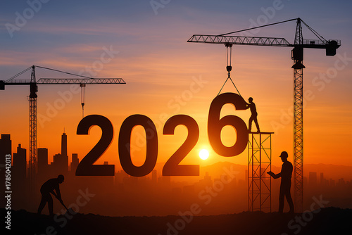 2026 Building the Future — Cranes and Workers Lifting Numerals at Dawn
