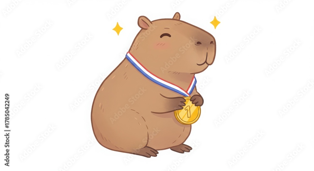 Fototapeta premium a cute cartoon capybara holding medal ribbon gently between paws in minimal pastel style illustration