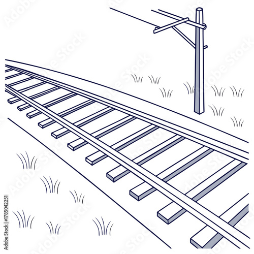 Illustration of a railway track stretching into the distance, with overhead lines and grass