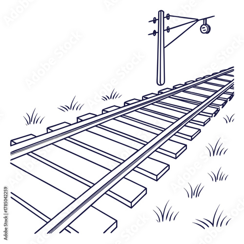 Illustration of a railway track with a telegraph pole, the drawing is in blue lines and shows the tracks and the pole