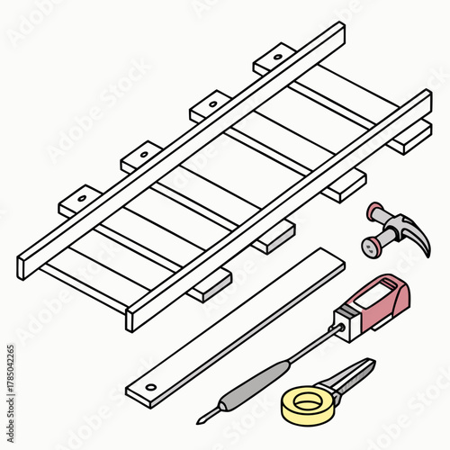 Isometric illustration of railway track repair tools and equipment, including hammer, screwdriver, tape measure and railway track section