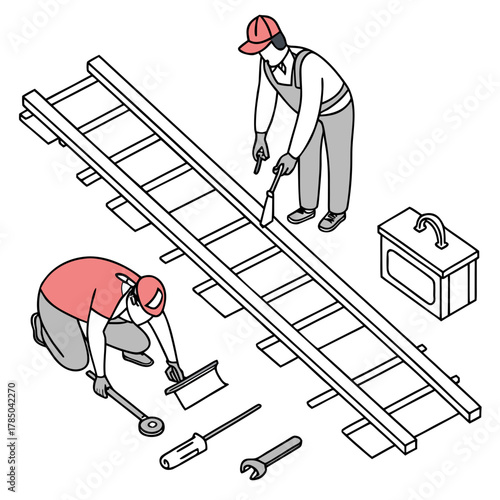 Isometric illustration of railway track maintenance workers repairing the railroad tracks, with tools and equipment