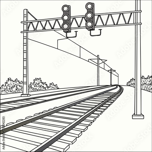 Illustration of a railway track with signal lights, depicting the infrastructure and safety measures of train transportation