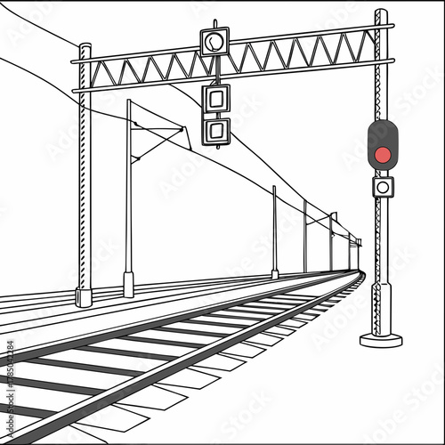 Illustration of a railway track with a red signal light, highlighting the infrastructure and safety measures of train transportation