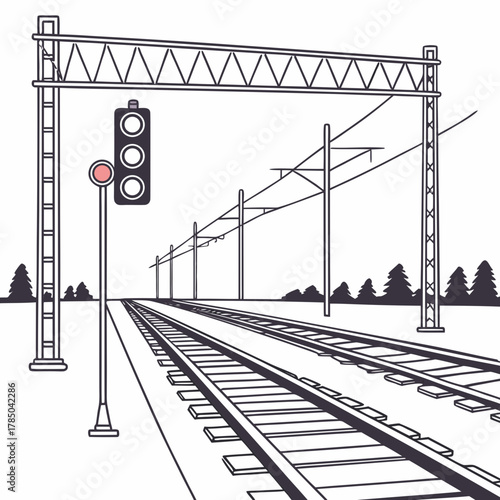 Illustration of a railway track with a red signal light, showcasing the infrastructure and safety measures of train transportation