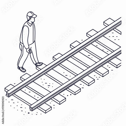 Man in cap walking on railway tracks, illustrating the concept of trespassing, risk, danger, and the importance of safety awareness